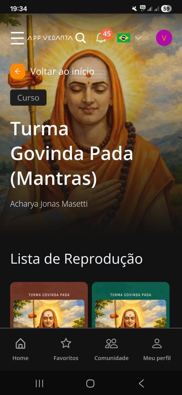 App Vedanta — página de curso com aulas