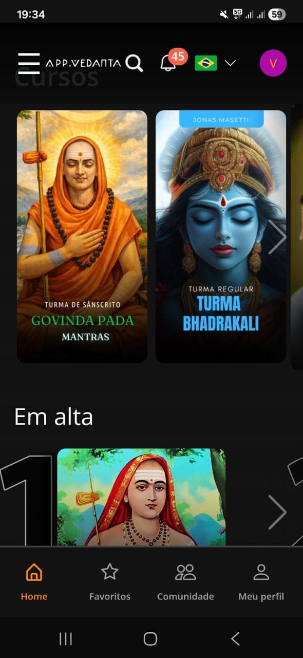 App Vedanta — tela de cursos e turmas