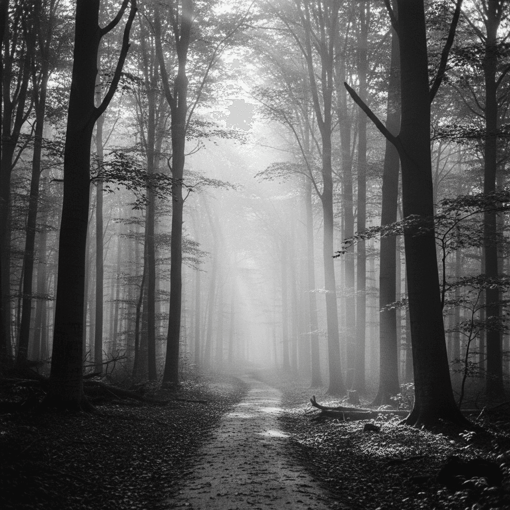 Autoconhecimento e propósito — trilha serena entre árvores altas com luz suave