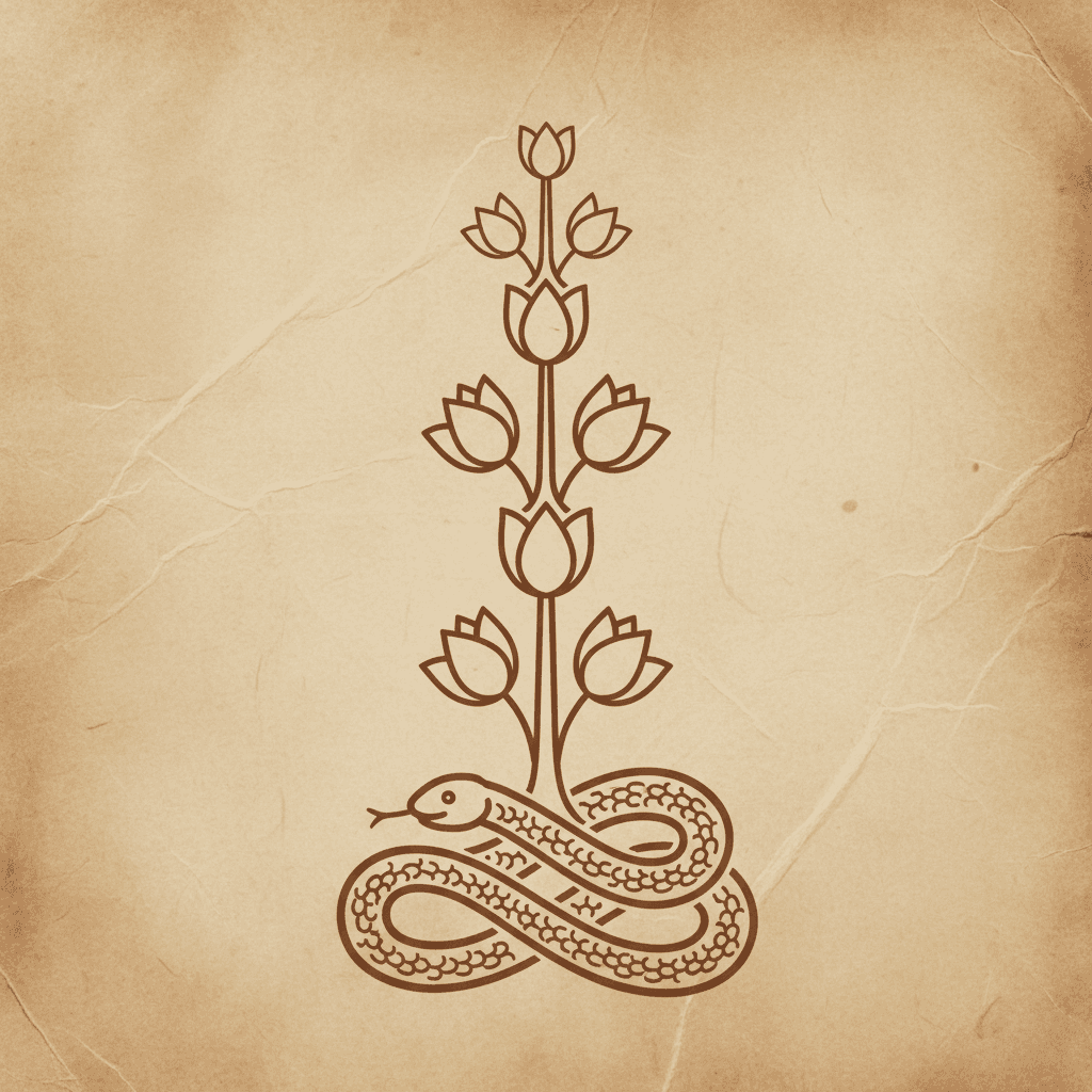 Kuṇḍalinī — serpente enrolada em lótus, arte tradicional