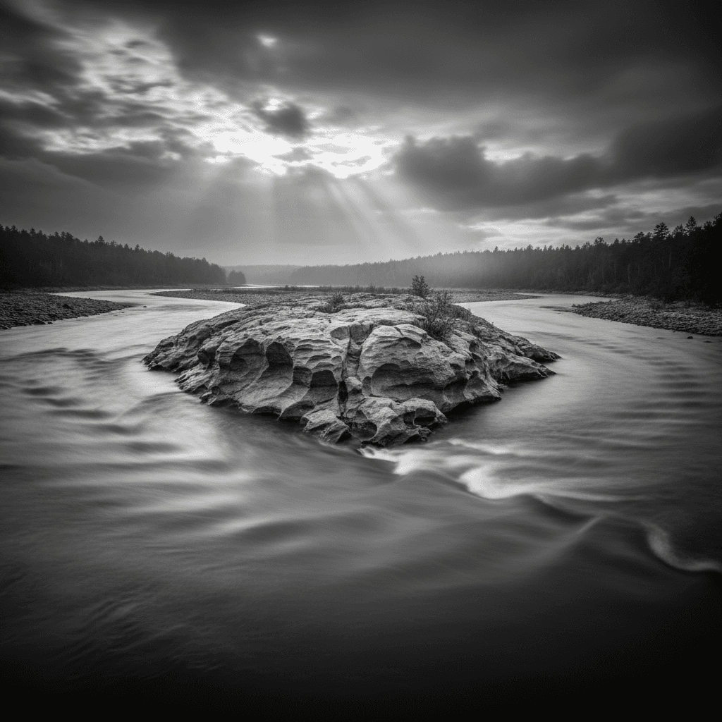 Livre-arbitrio em Vedanta — rio se dividindo em dois caminhos na natureza