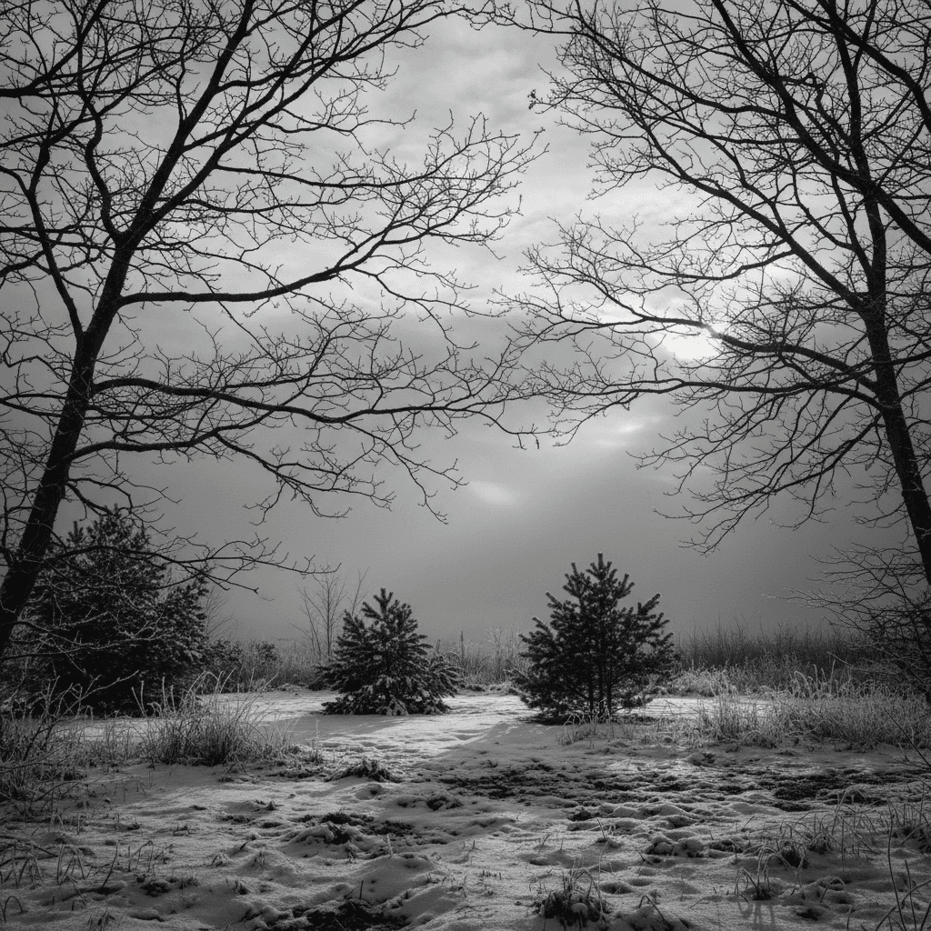 Tres gunas — luz filtrada entre galhos secos em preto e branco