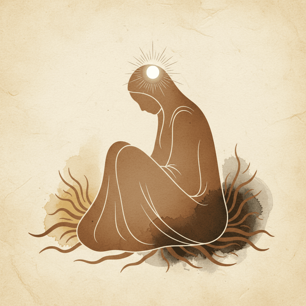 Vedanta e depressao — figura sentada em sombra sobre pergaminho