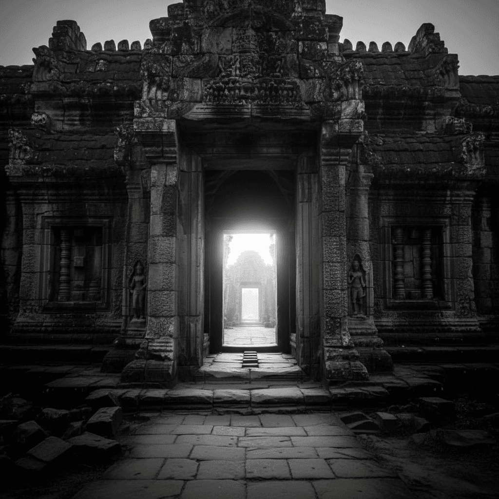 A diferença entre crença e conhecimento — luz atravessando portal antigo