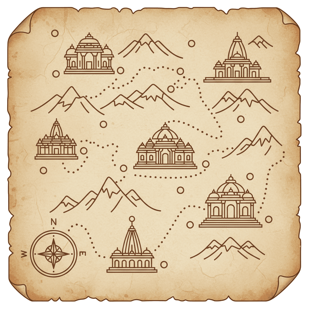 Viagem espiritual Índia — mapa antigo com rotas tradicionais