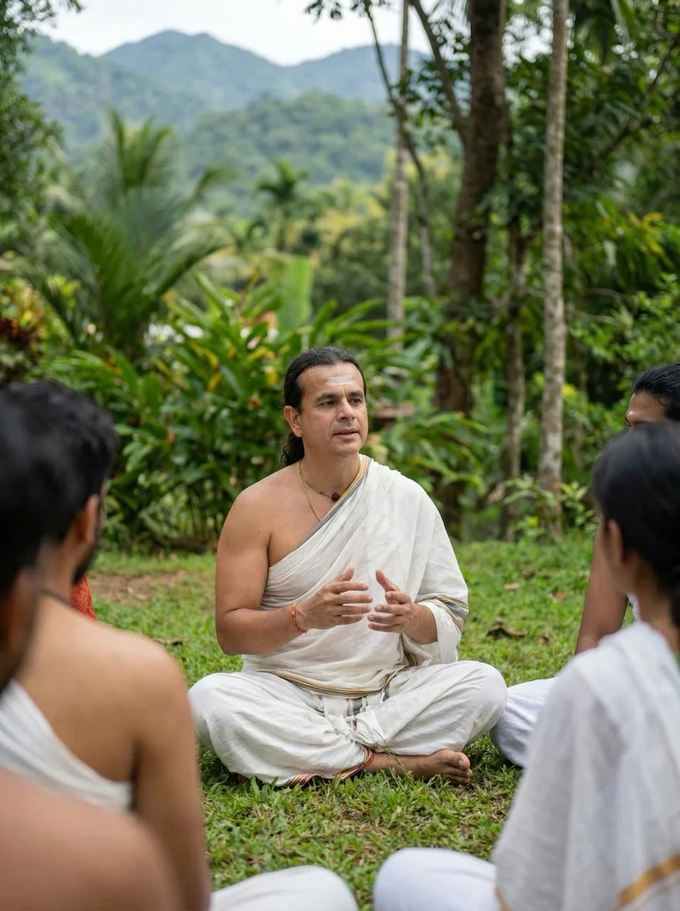 Ensino de Vedanta ao ar livre no Gurukulam — tradição na natureza