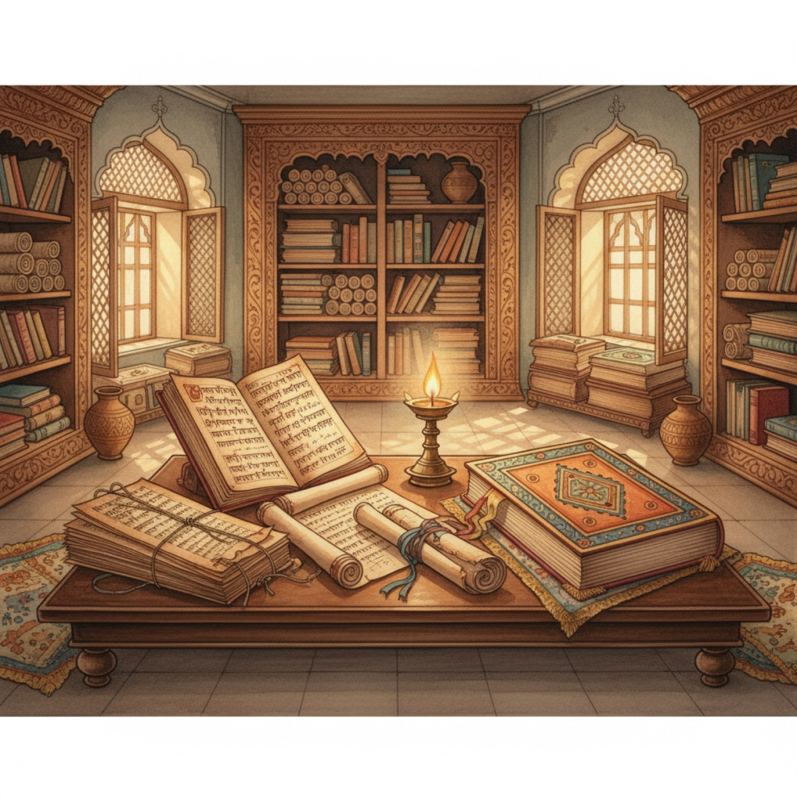 Multiple ancient texts open on a low table in a traditional Indian library setting