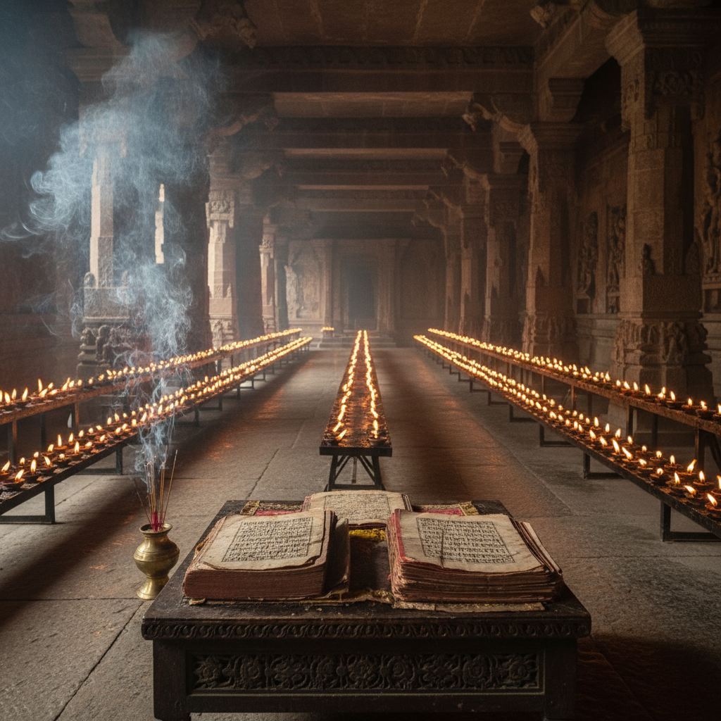 Karma significado espiritual — templo com dīpas e textos védicos