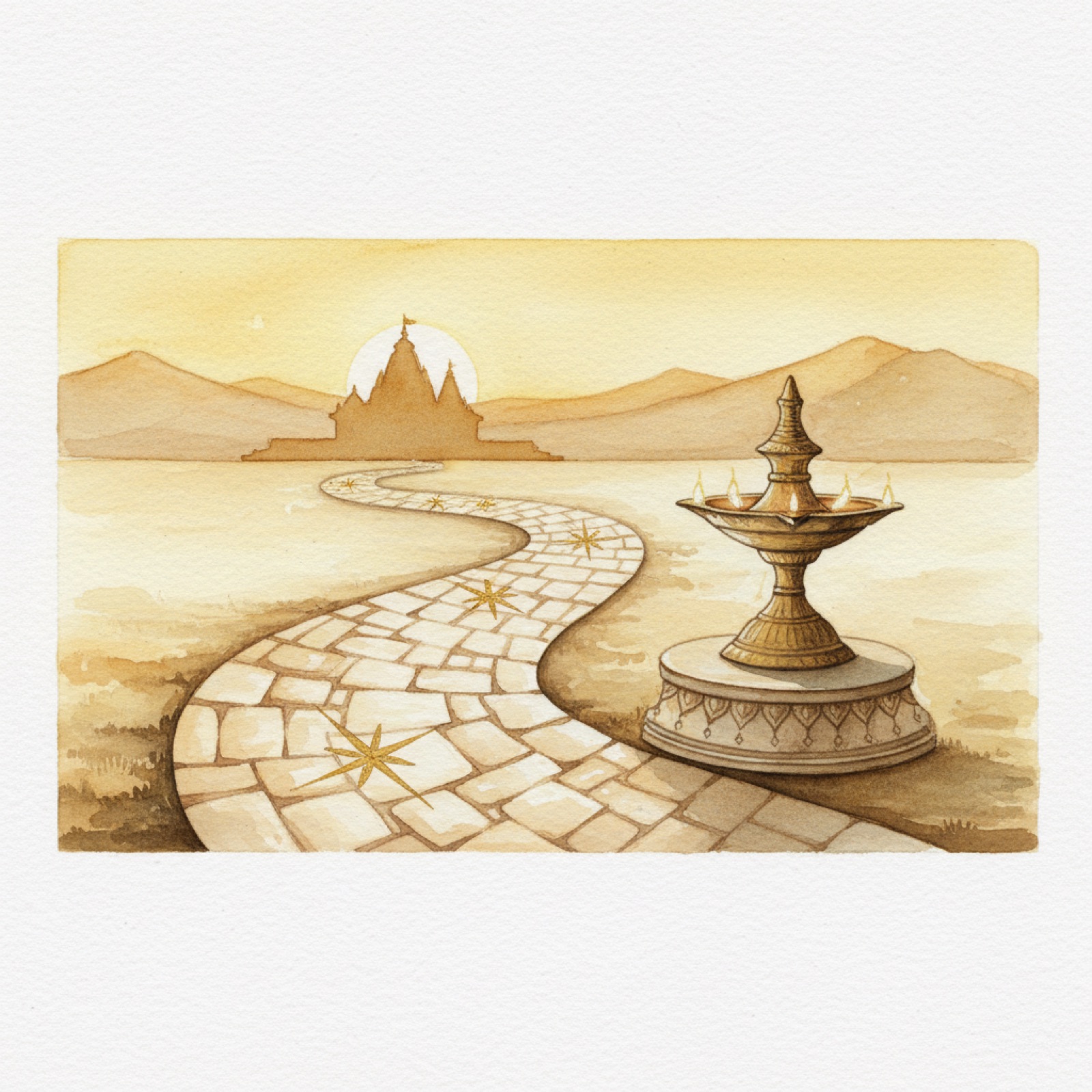 A stone pathway through Indian countryside at dawn with a lamp marking passage — traditional watercolor