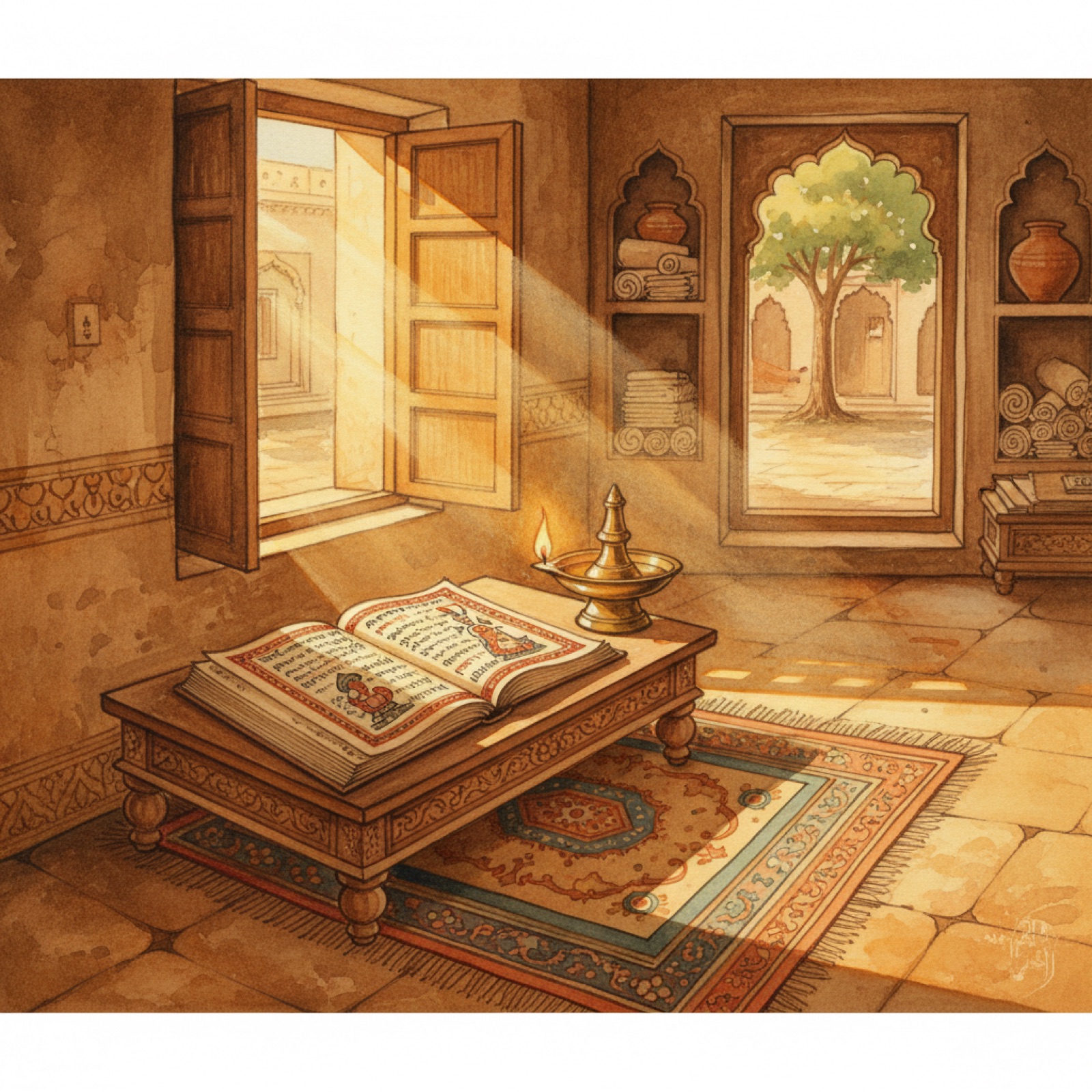 Ancient manuscript open on a low desk, brass oil lamp and morning light — traditional study setting