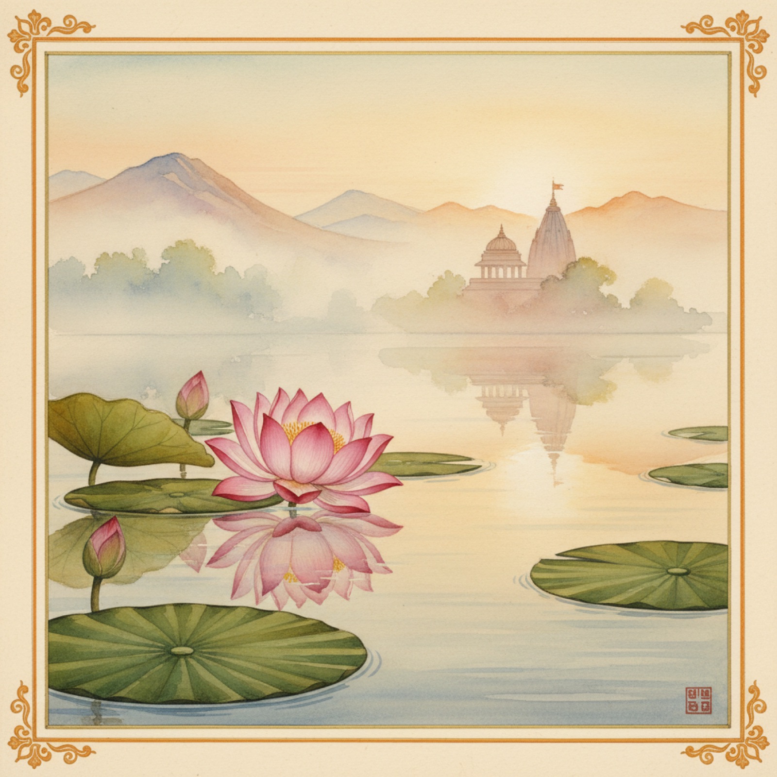 Open lotus on still water with a distant temple at dawn — traditional Indian watercolor