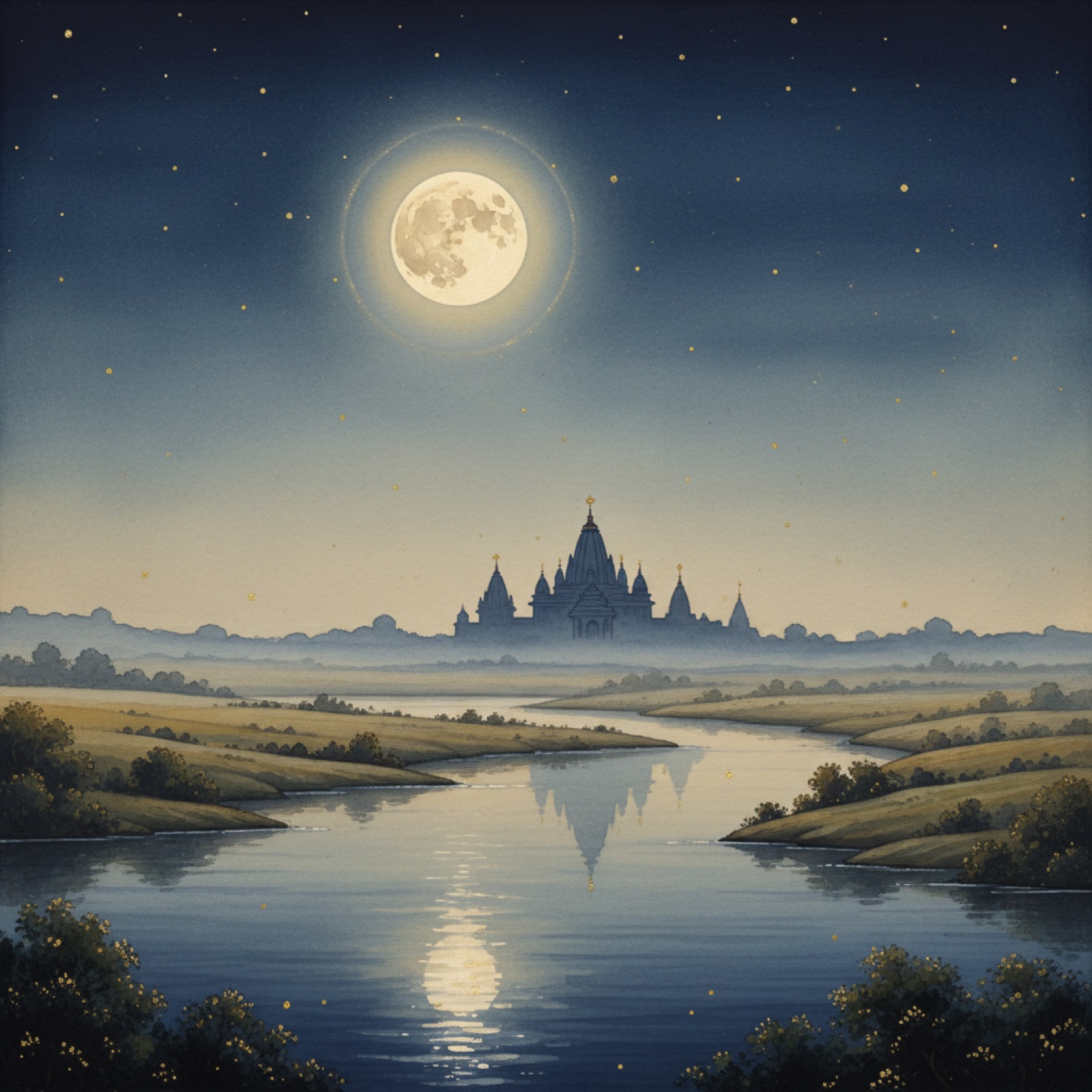 Full moon over an Indian nighttime landscape with distant temple and reflecting river — traditional watercolor
